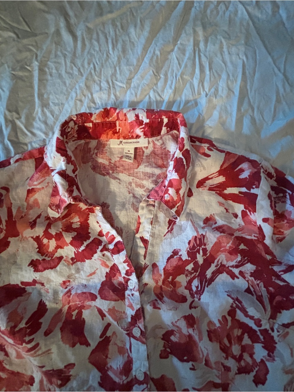 JM Collection White Button-Front Shirt with Red Floral Print